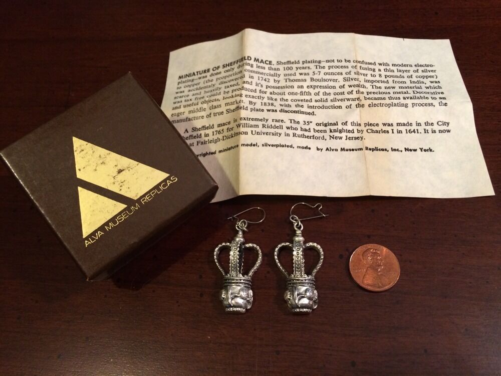 Vintage Sheffield Silver Mace Dangle Drop Earrings – Alva Museum – Original Box
