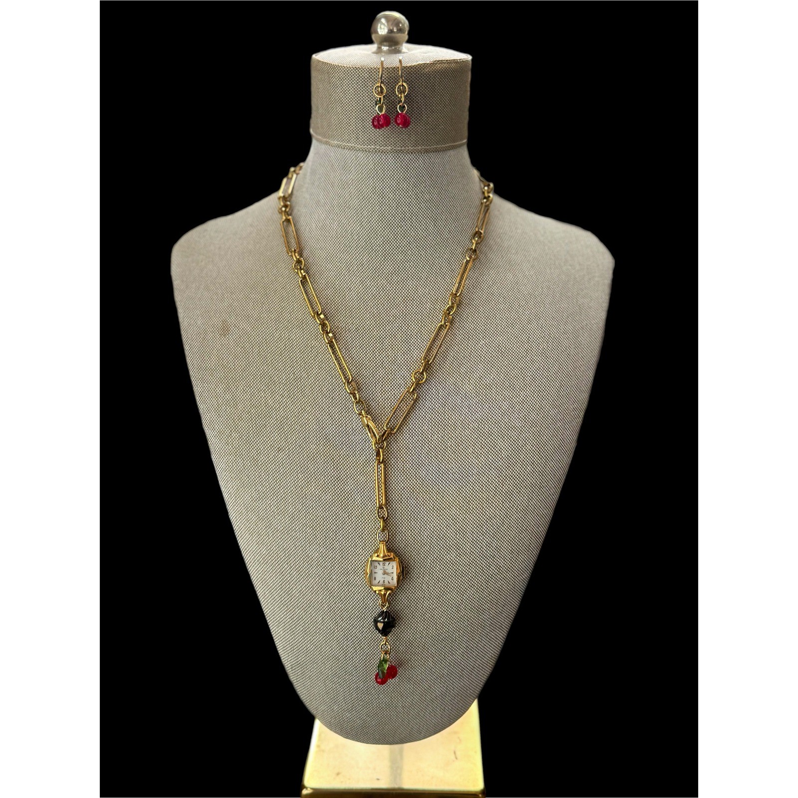 Victorian Raw Brass Necklace w/ Vintage Watch & Cherry Earrings Set