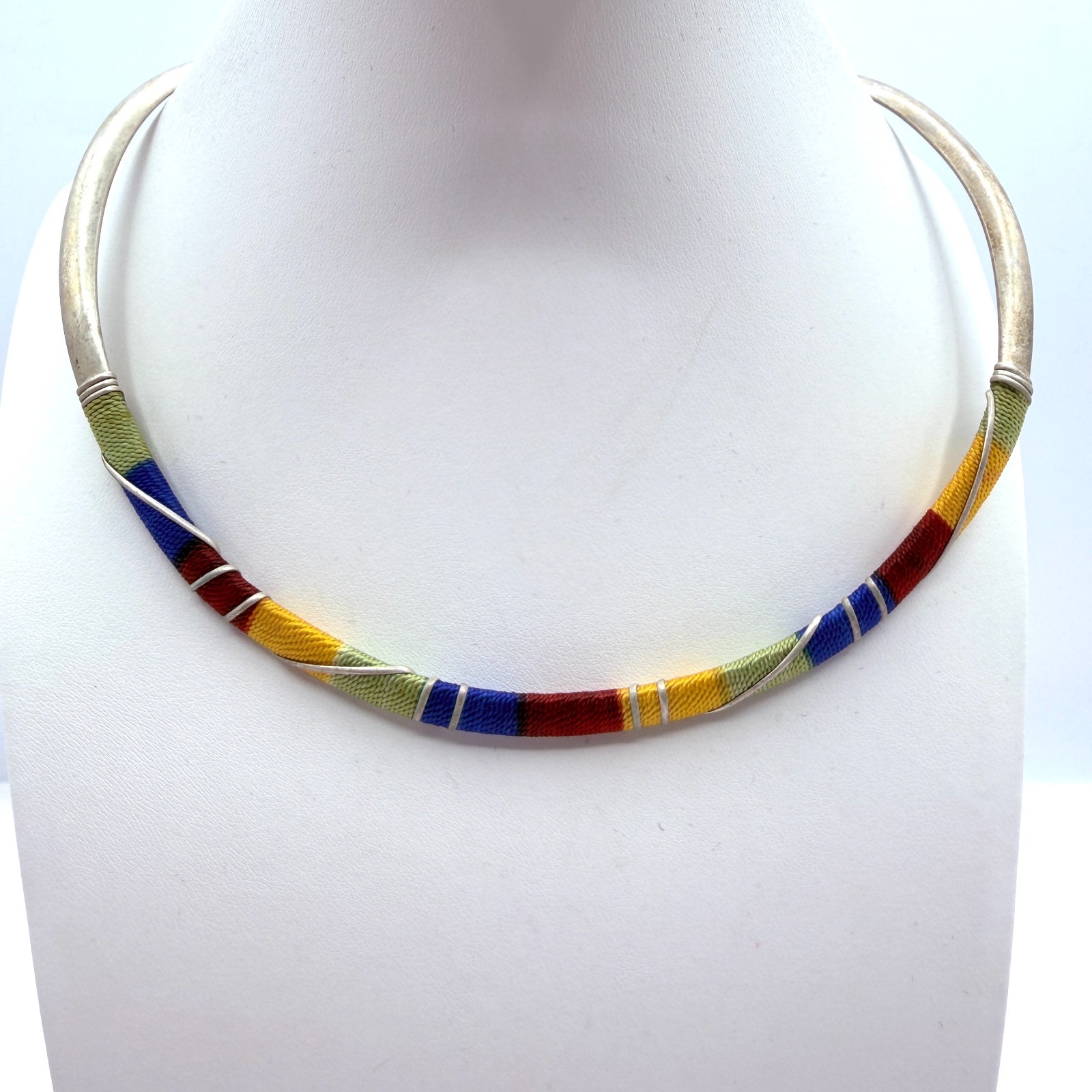 Vintage Silver Tone Thread Wrapped Jewelry Set Collar Necklace Cuff Hoop Earring