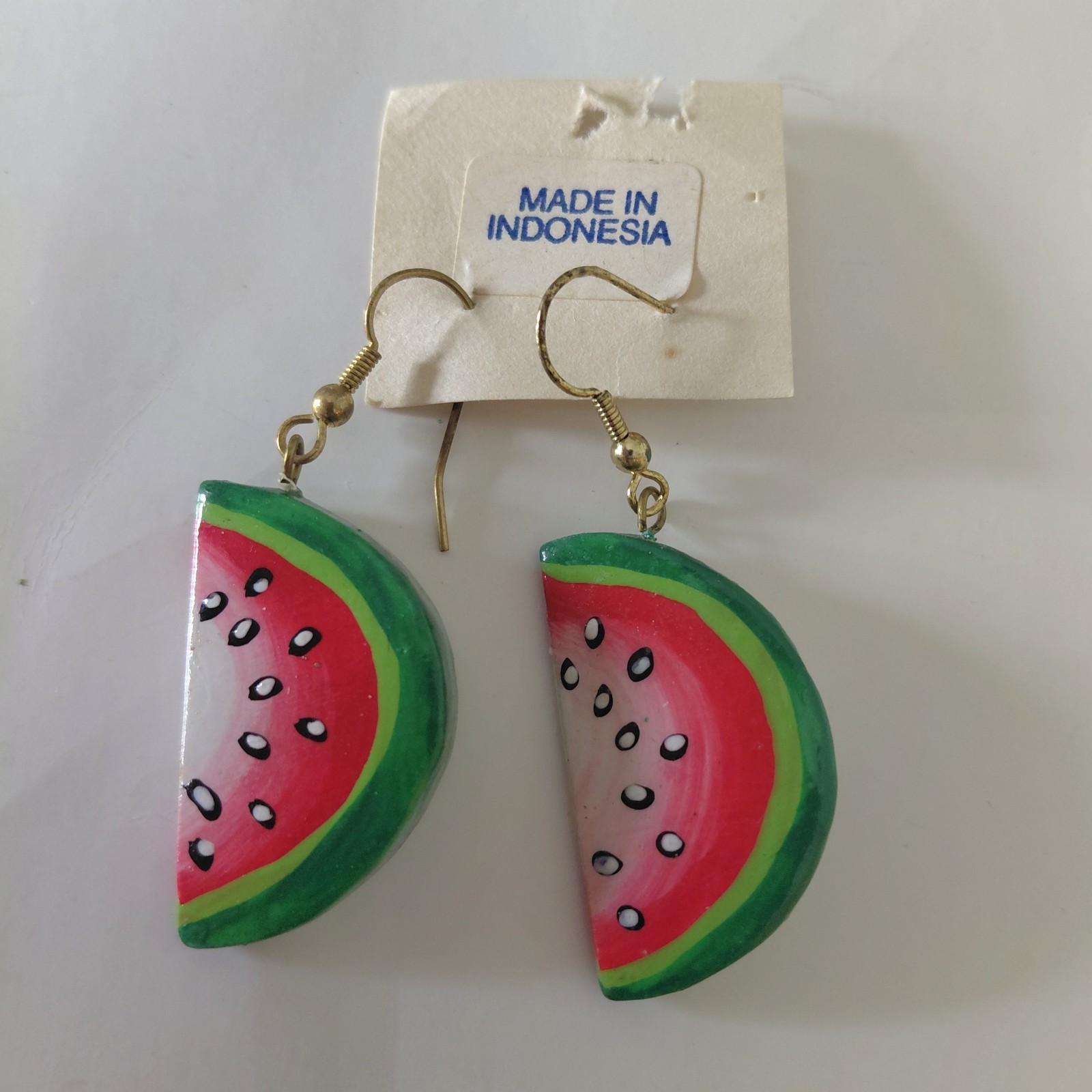 Hand Painted Wood Watermellon Earrings Safari Vintage 1980s