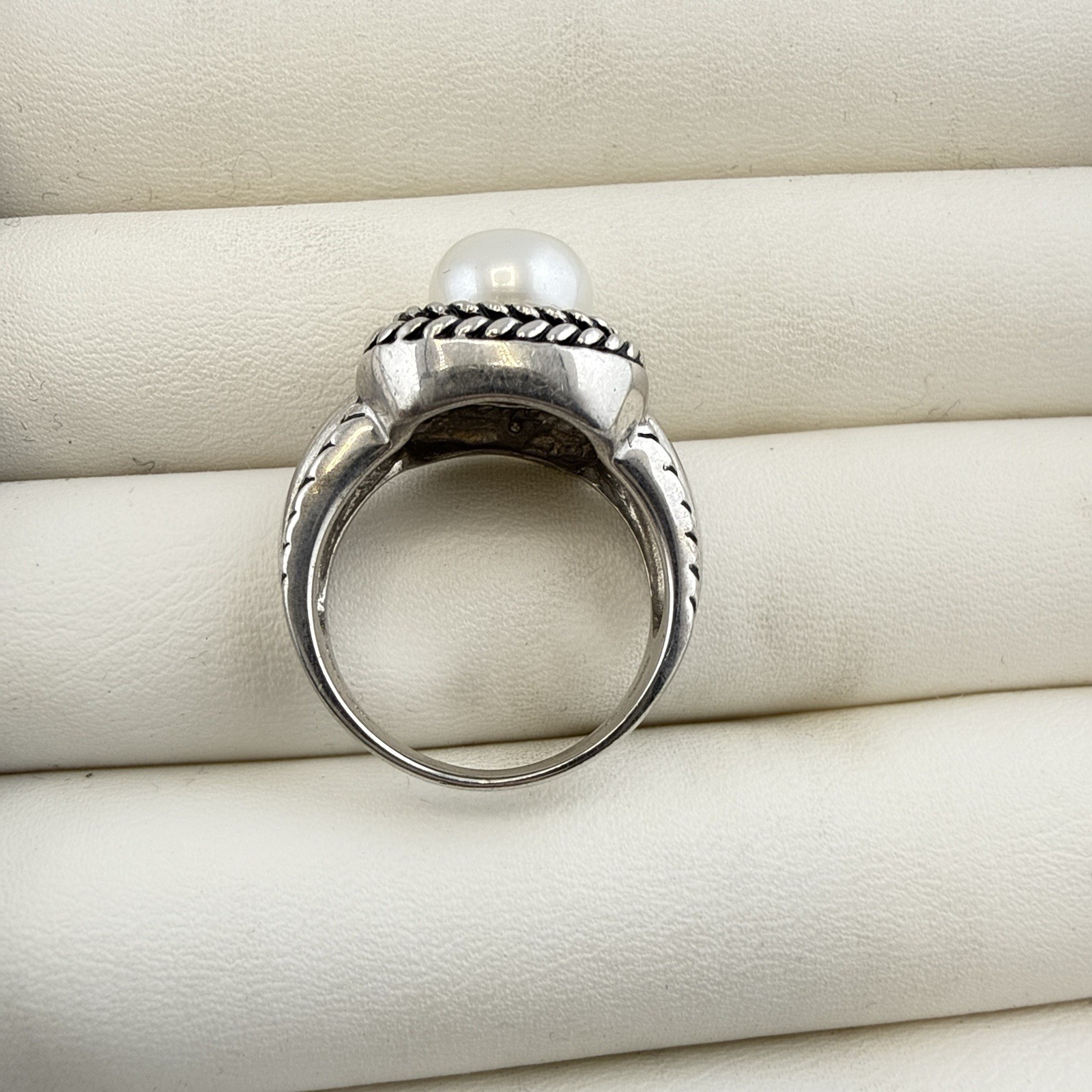 Honora Ring Pearl Sterling Silver Cable Rope 925 size 7 Button White Modern