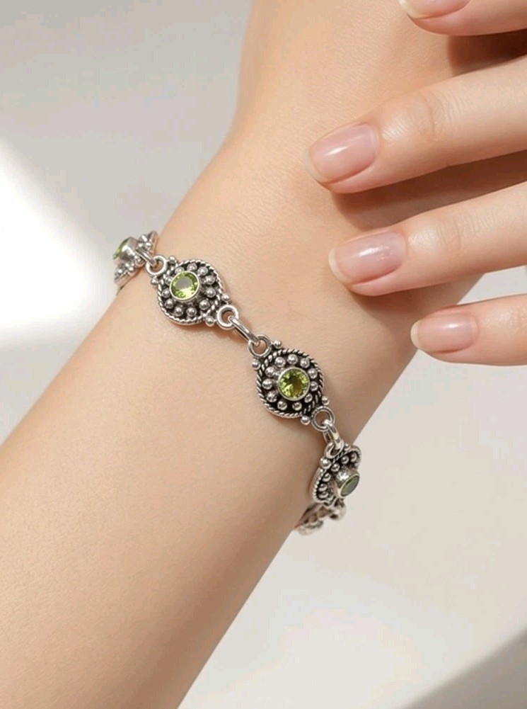 Peridot Bracelet Sterling Silver Bali Link Green Gemstone 925