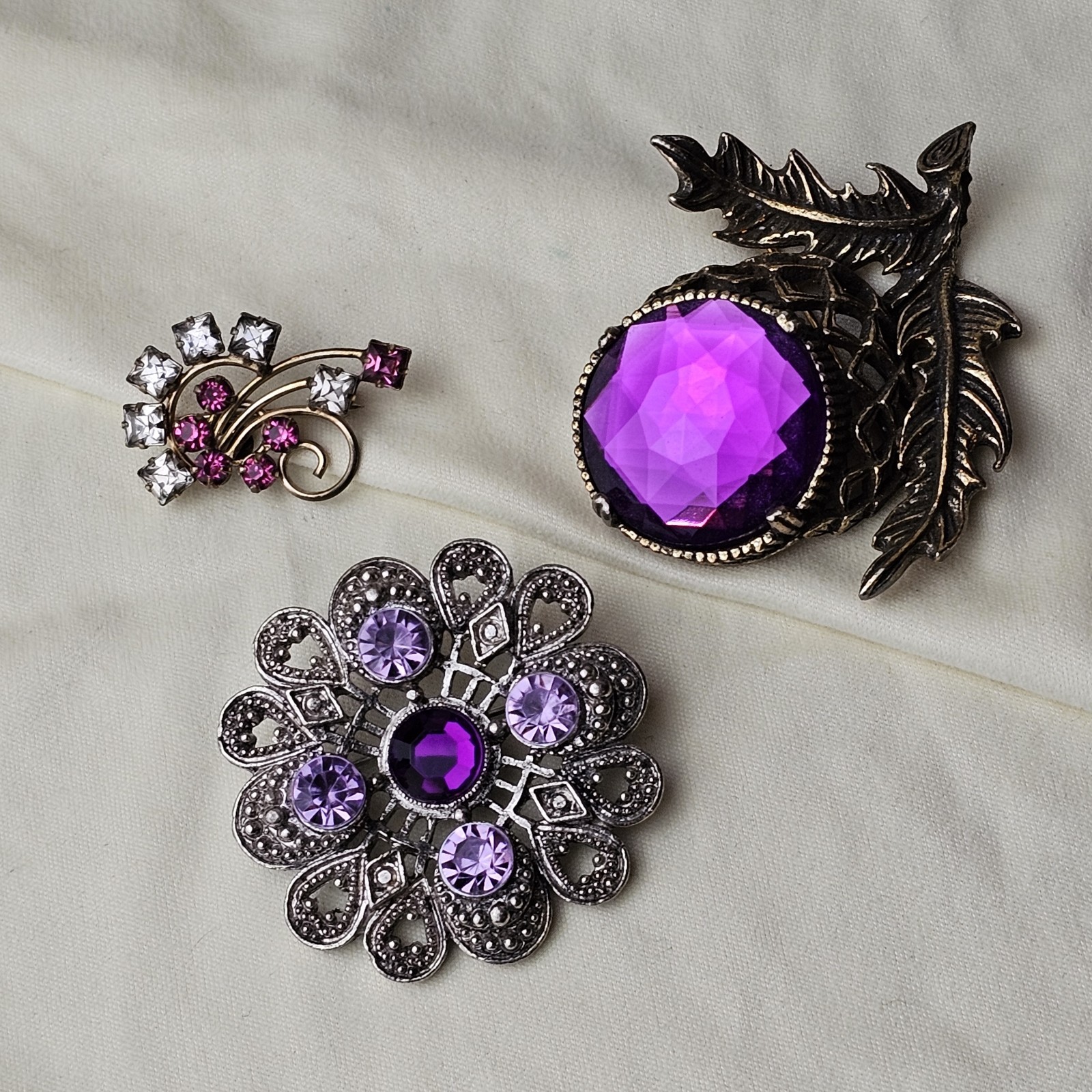 Vintage Gothic Style Filigree Silver Gold Tone Purple Rhinestone Brooch Set of 3