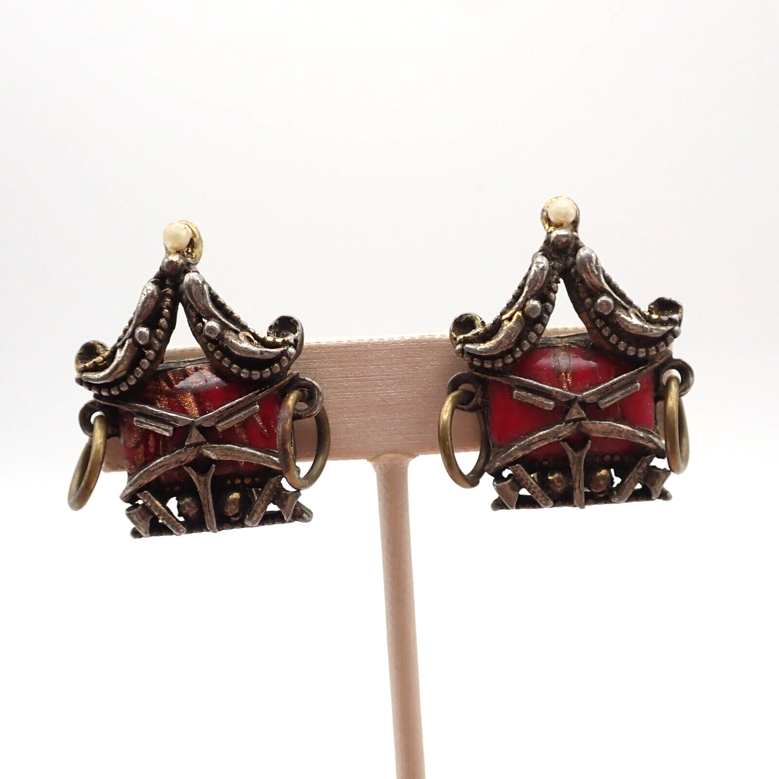 Vintage Fu Manchu Red Art Glass Caged Bronze Tone Clip Earrings