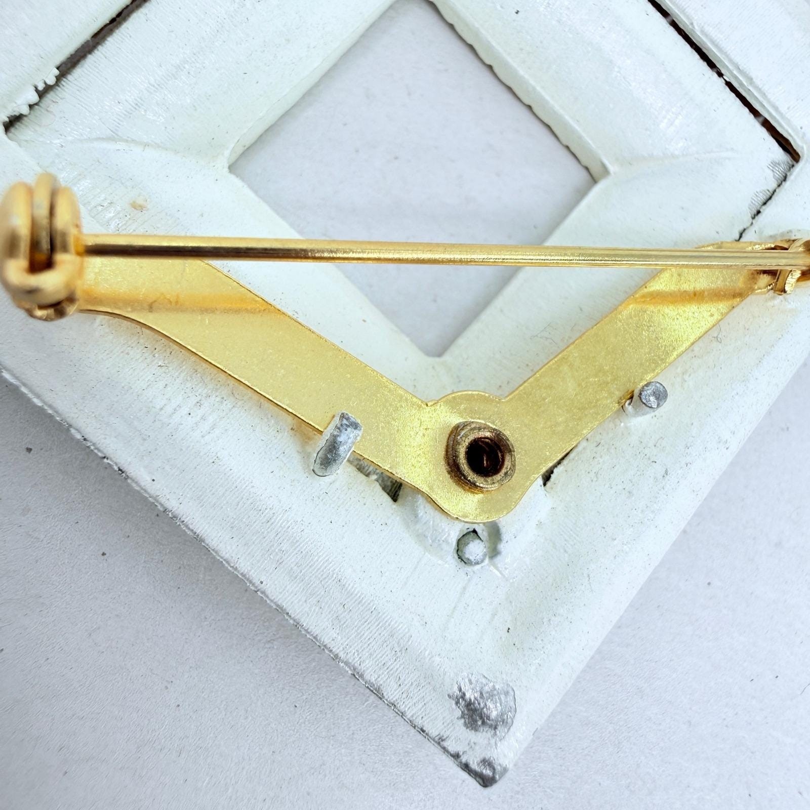 Vintage White Enamel Rhinestone Brooch Pin Geometric Square Pink Purple HEAVY