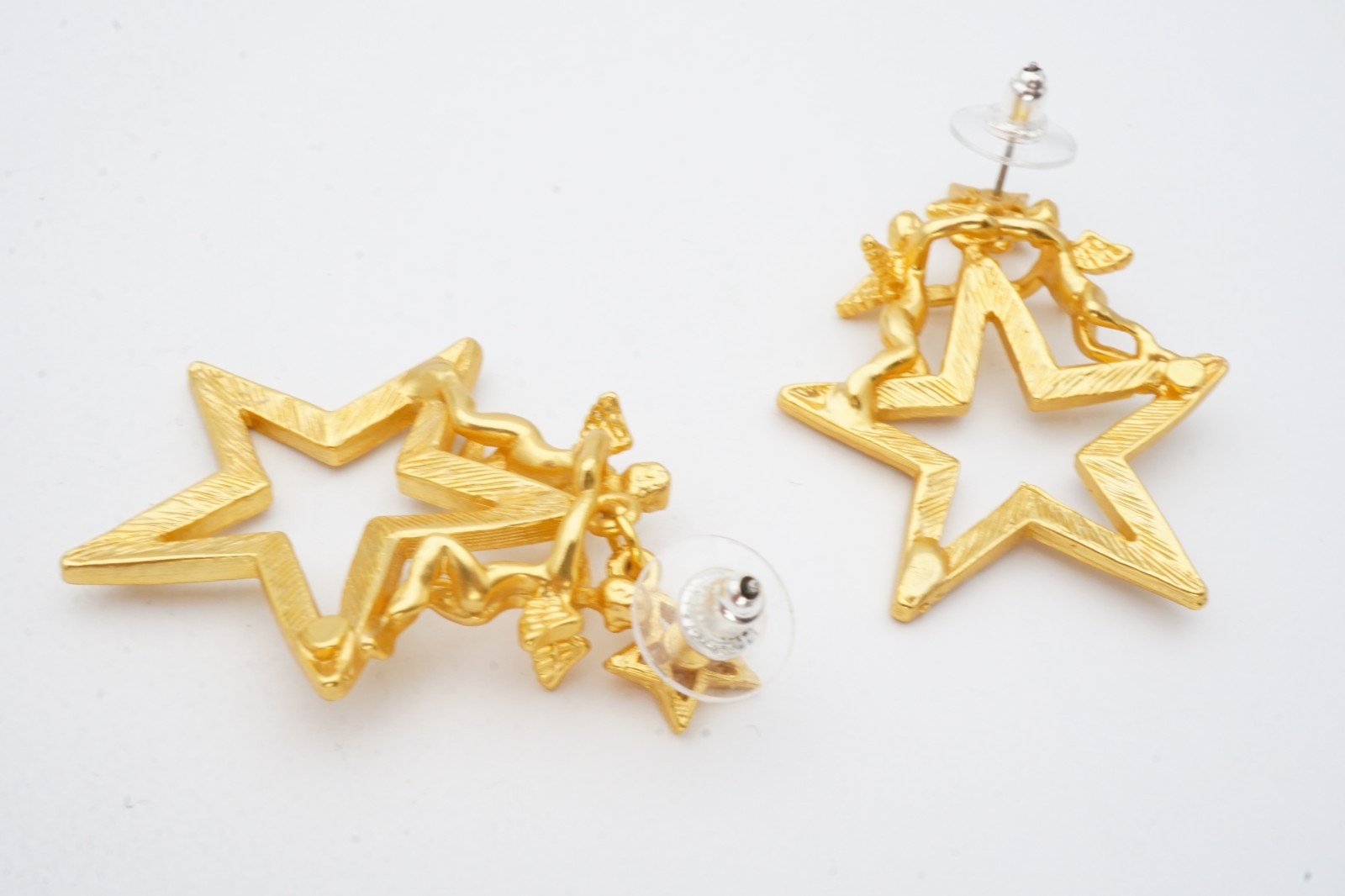 Vintage Earrings Gold Tone Rhinestone Angels Stars