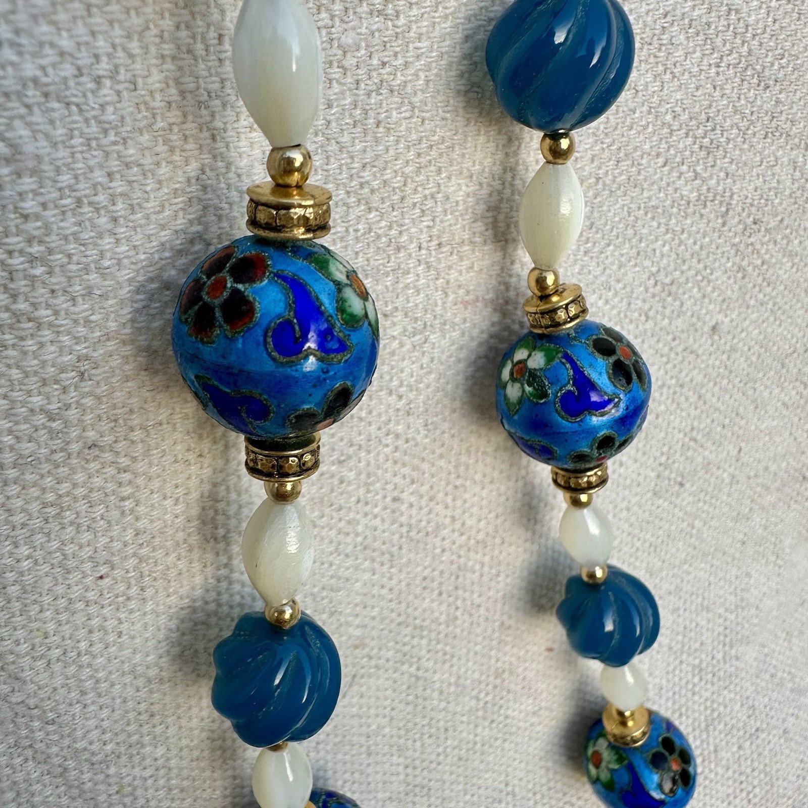 36” Vtg Cloisonné Pendant Tassel Beaded Necklace Mother Of Pearl Chinoiserie