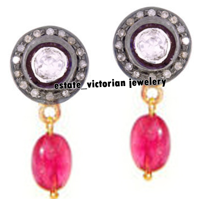 Stunning 1.24Ctw Rose Antique Cut Diamond Ruby Silver Victorian Earring Jewelry
