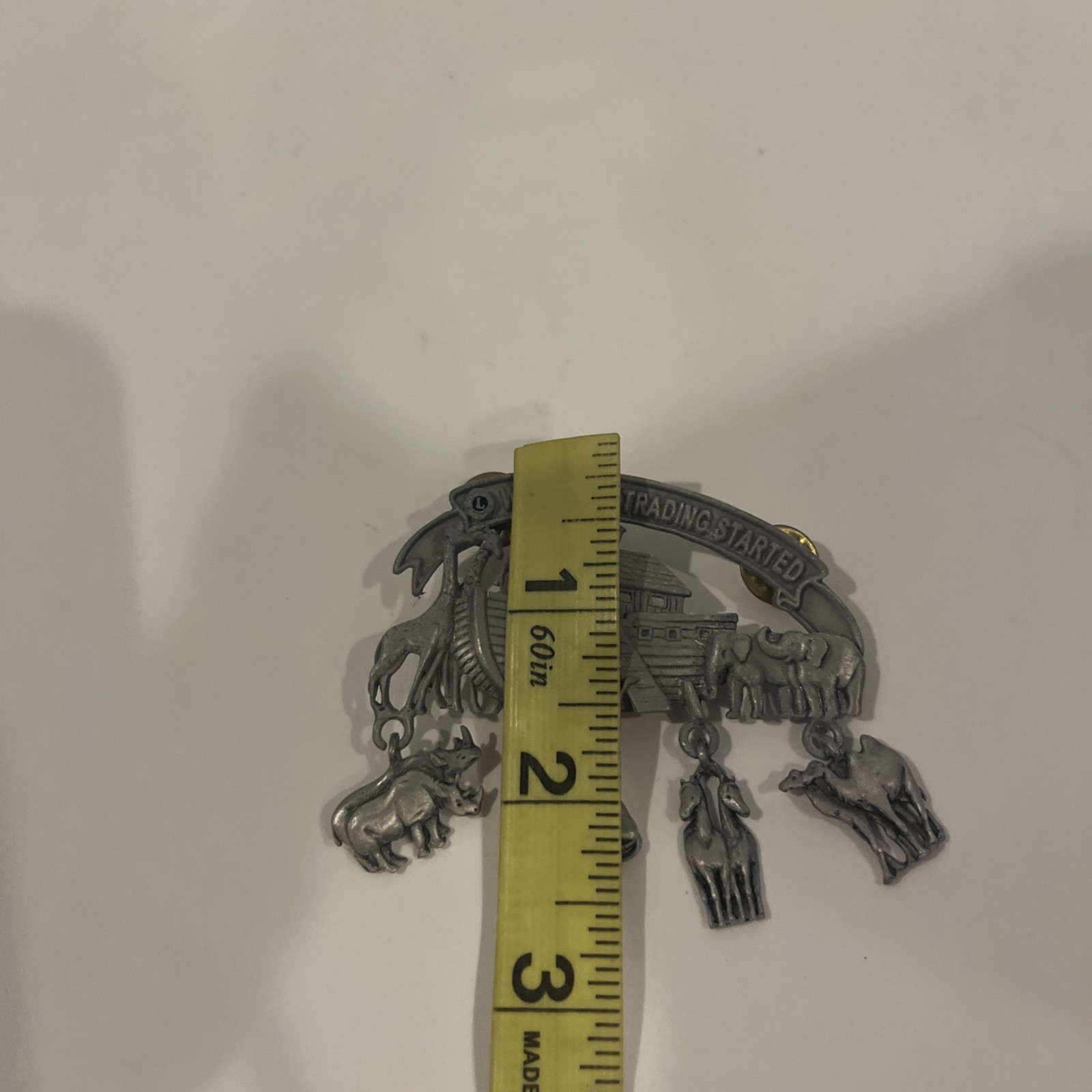 JJ pewter Noah’s Arc pin (brooch) measures approximately 2 3/4”wide