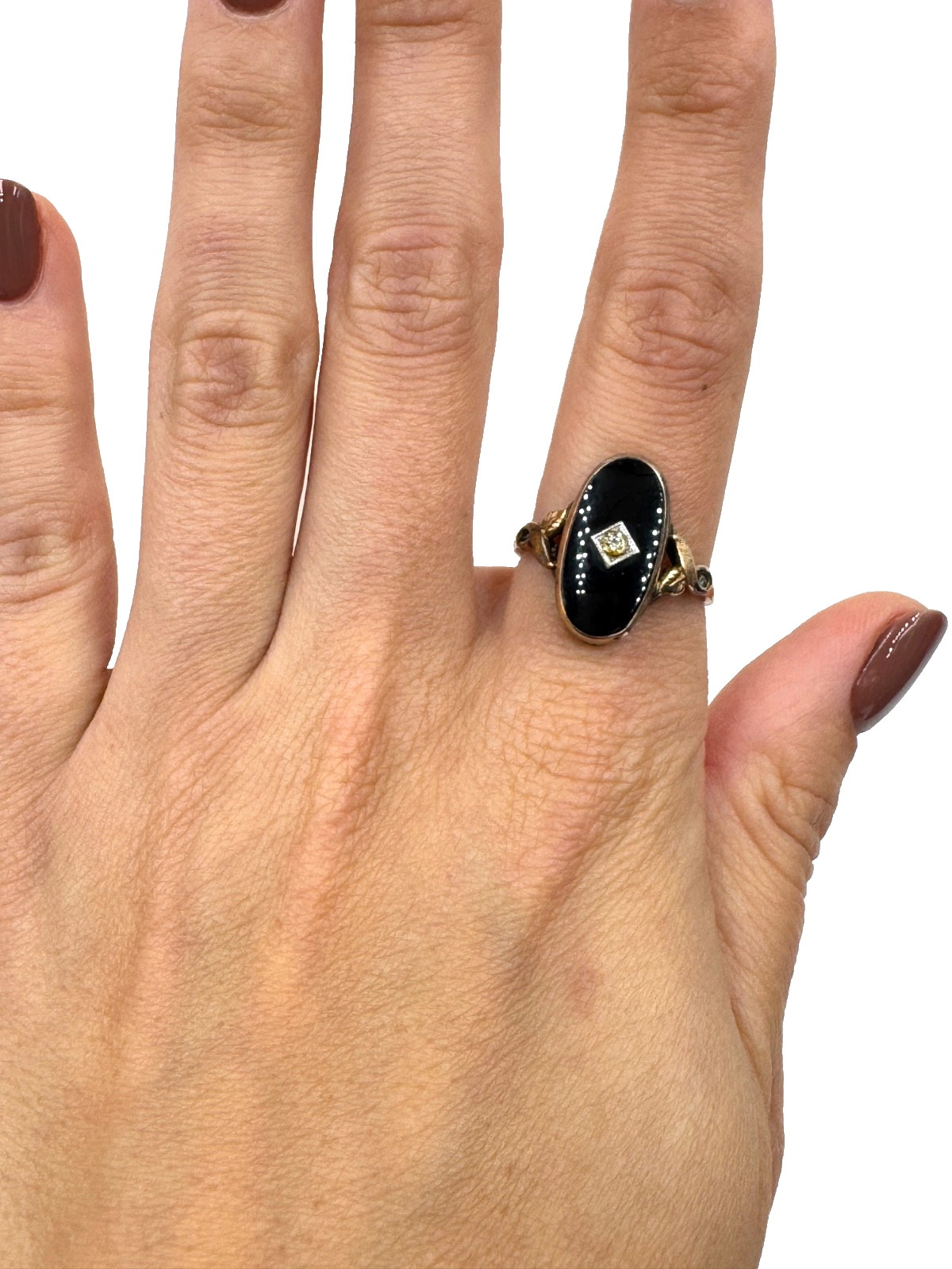 ANTIQUE VICTORIAN RING 10K GOLD FILLED SIGNED HALLMARKED ONYX DIAMOND LARGE 9.25