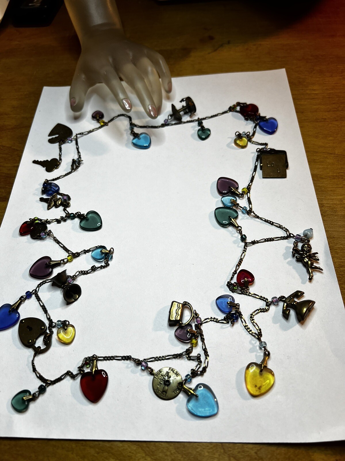 Vintage Glass Works Studio Necklace Unsigned Hearts Brass Charms Cherub