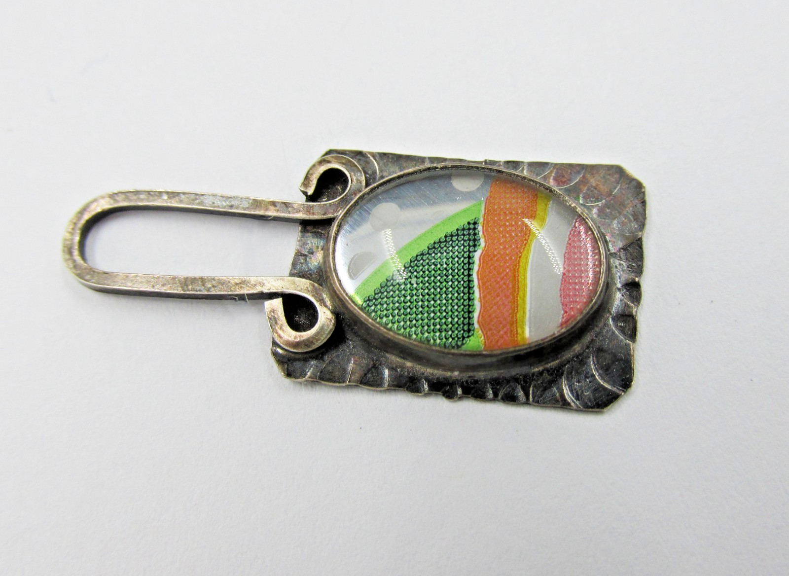 Sterling Silver Pendant Glass Domed Top Abstract Design Artisan Vintage Signed