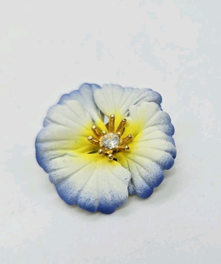 Joan Rivers Brooch White Blue Yellow Pansy Rhinestone Flower Pin Vintage