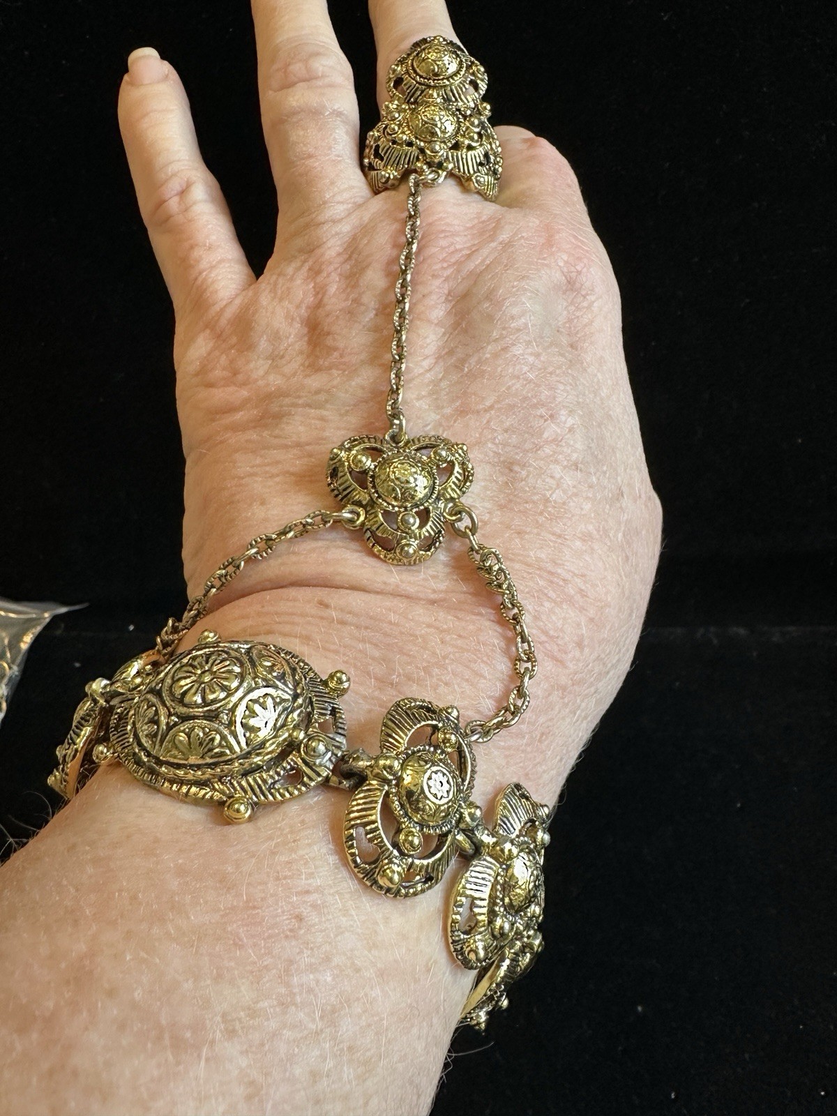 Vintage ethnic India Ring Bracelet combo appears to be heavy made gold plated
