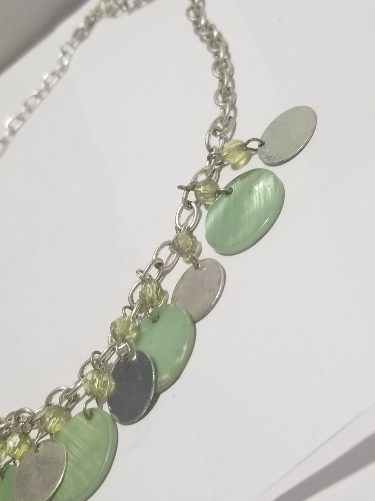 Vintage Necklace & Earrings Set Silvertone With Green Shells And Beads 18 Inches