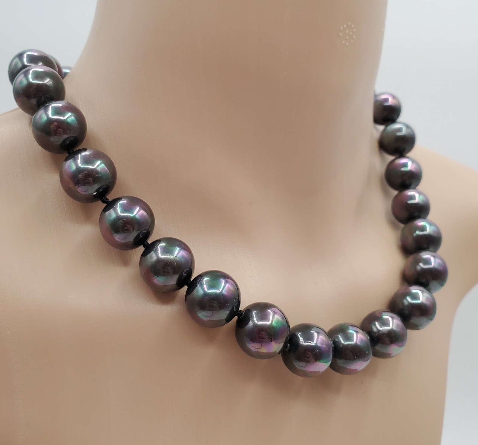 VTG 925 Vermeil Peacock Faux Pearl Necklace 12mm Gray Green Purple Hand Knotted