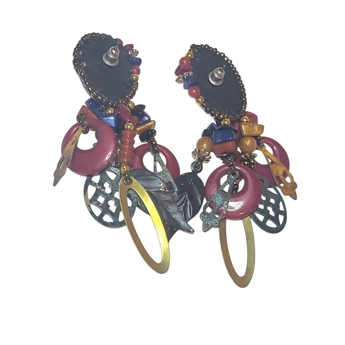 Vintage 80s Mixed Media Statement Earrings Colorful Acrylic Bead Dangles