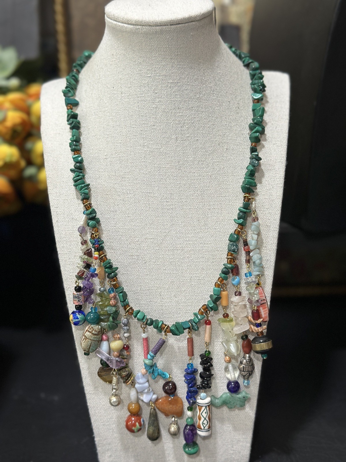 Vintage Multi Gemstone Charm Necklace Green Bead Strand Dangle Drop Boho Ethnic