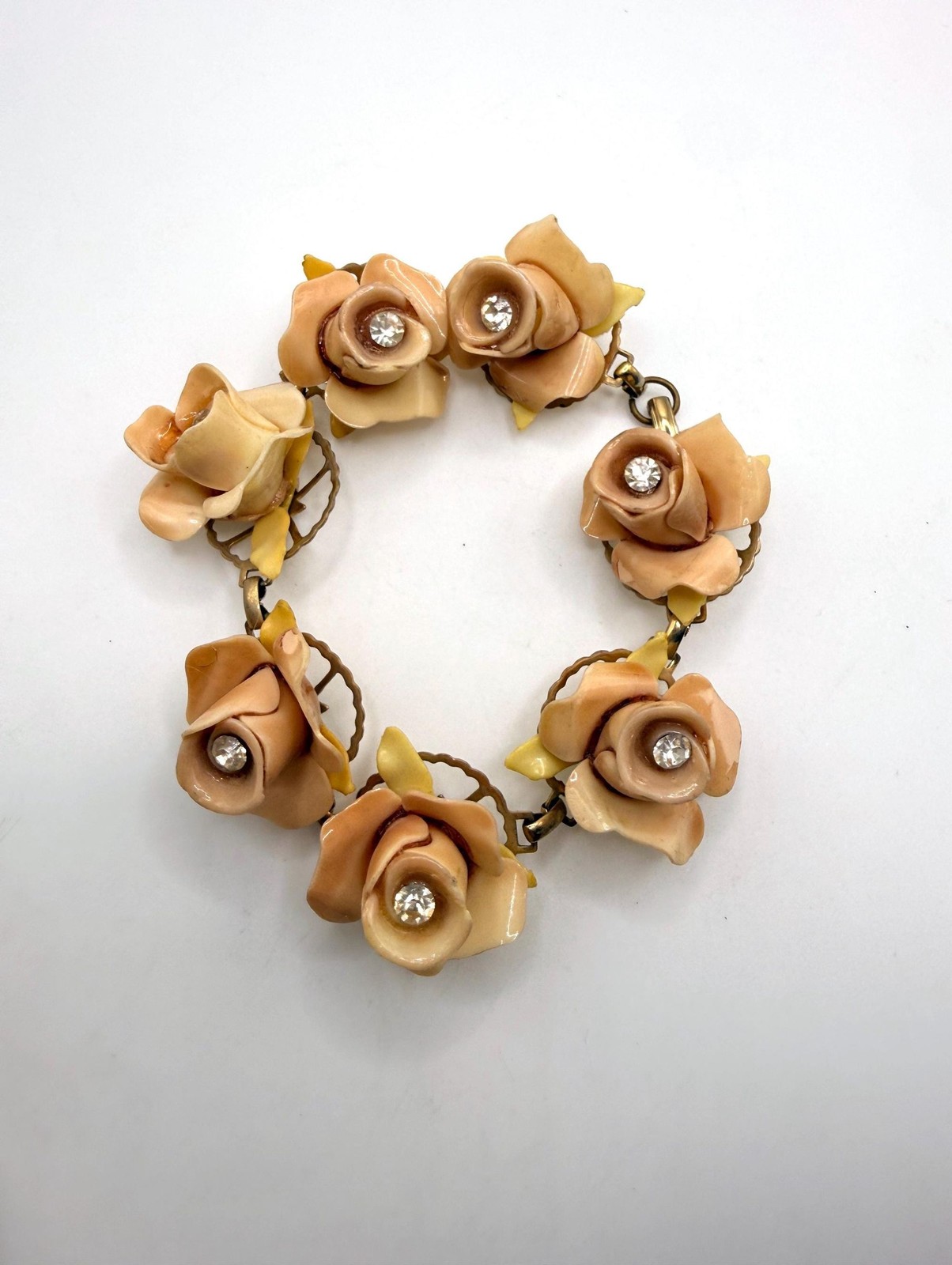 Vintage muted pink celluloid rose rhinestone bracelet