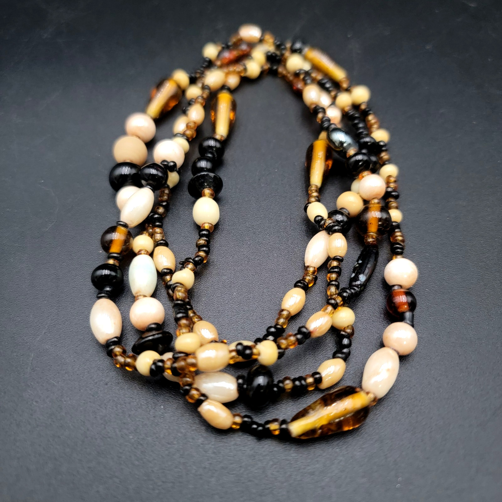 Vintage Glass Bead Necklace Long Opera Flapper Boho Cream Black Amber Earth Tone