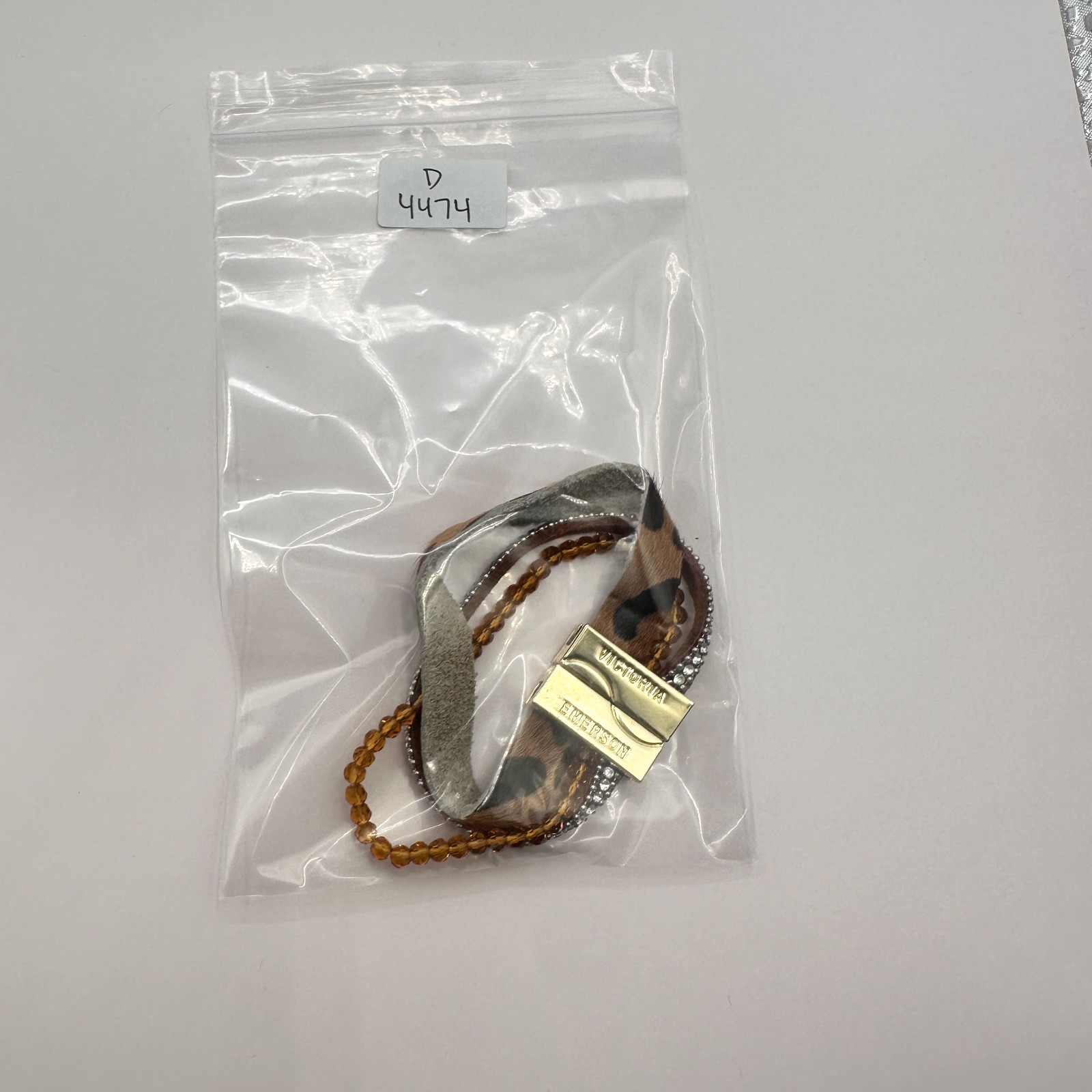 Victoria Emerson Gold Tone Multi Strand Wrap Bracelet Leopard Hair Calf Crystal