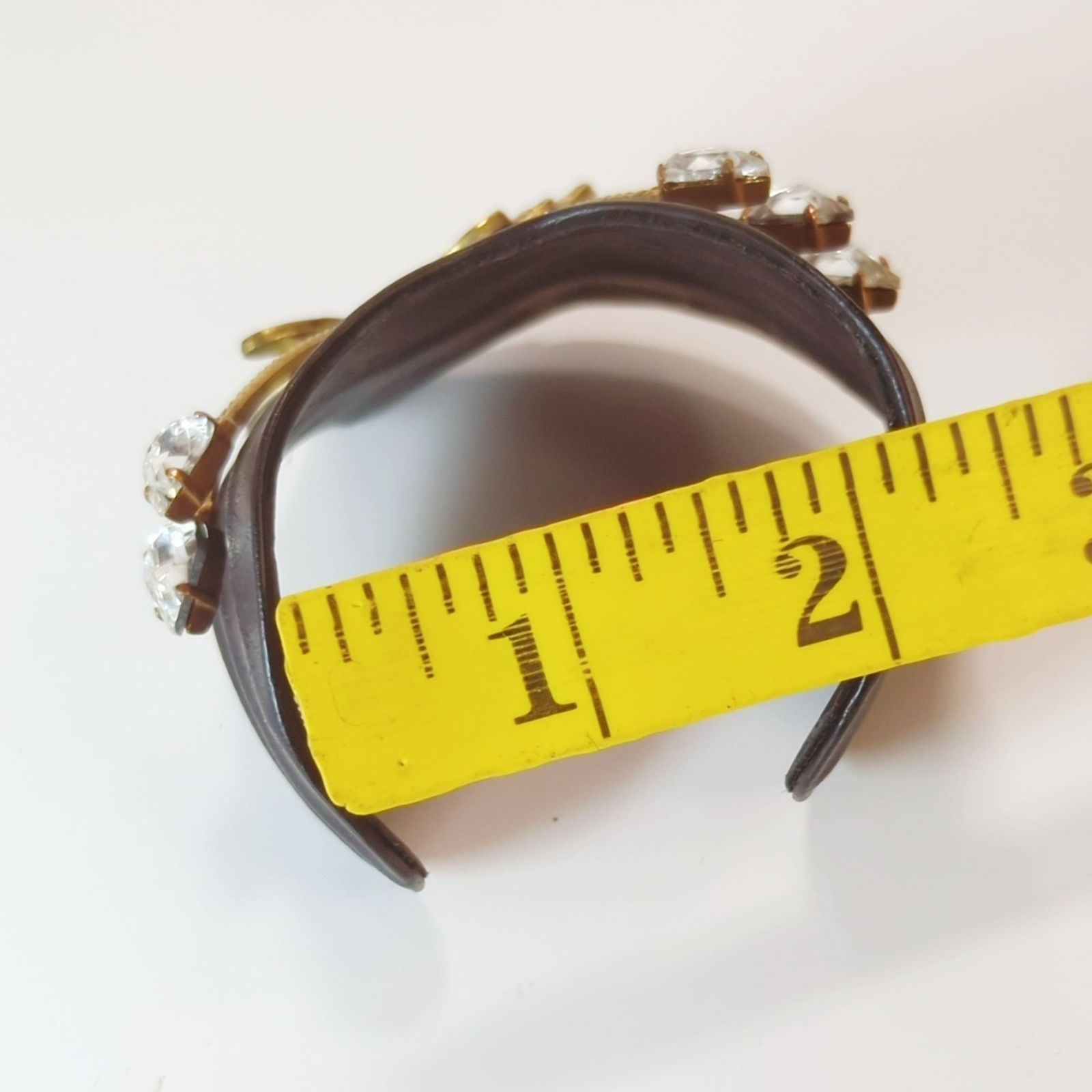 Vintage Luigi Briglia Black Leather & Rhinestone Cuff Bracelet Italian Designer