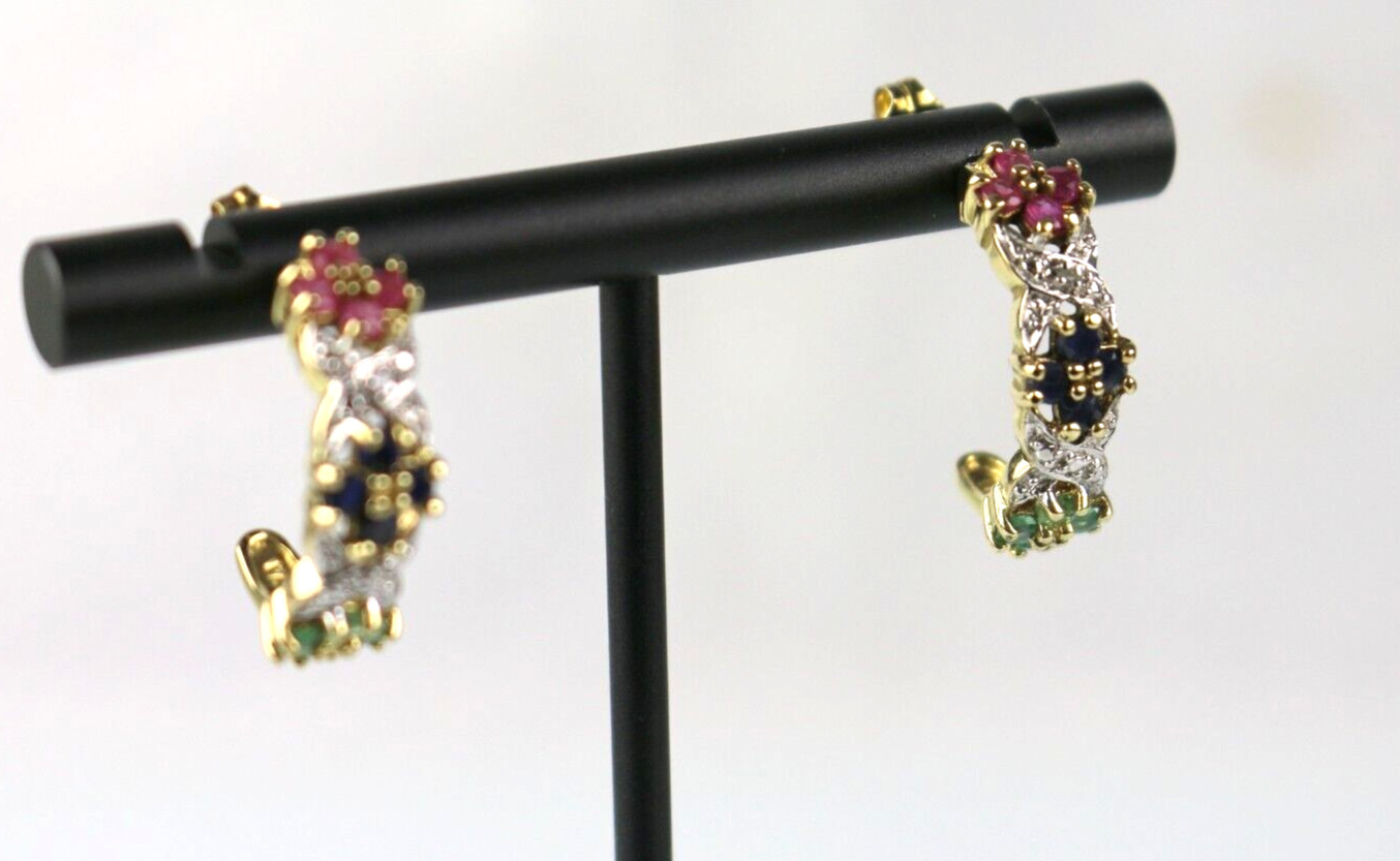 VTG Ross Simons Sterling Silver 925 Vermeil Ruby Sapphire Emerald Hoop Earrings