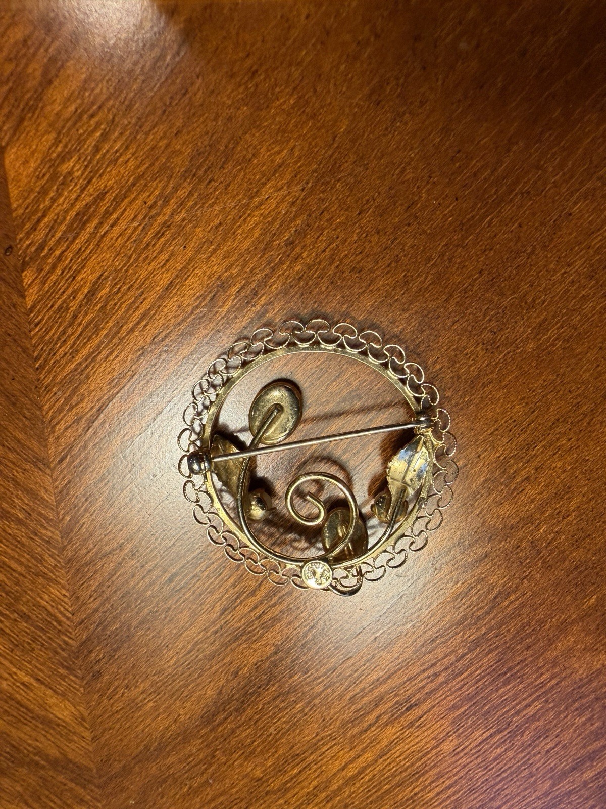 Vintage AC Filigree Circle Brooch With Jade Cabochons And Pearls, 12K GF