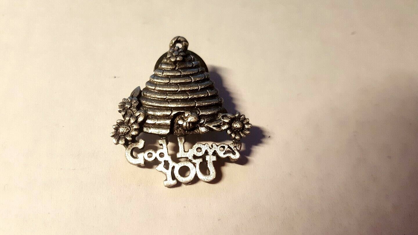 Beehive Lapel Pin God Loves You Sunflower Pewter Religious Saying