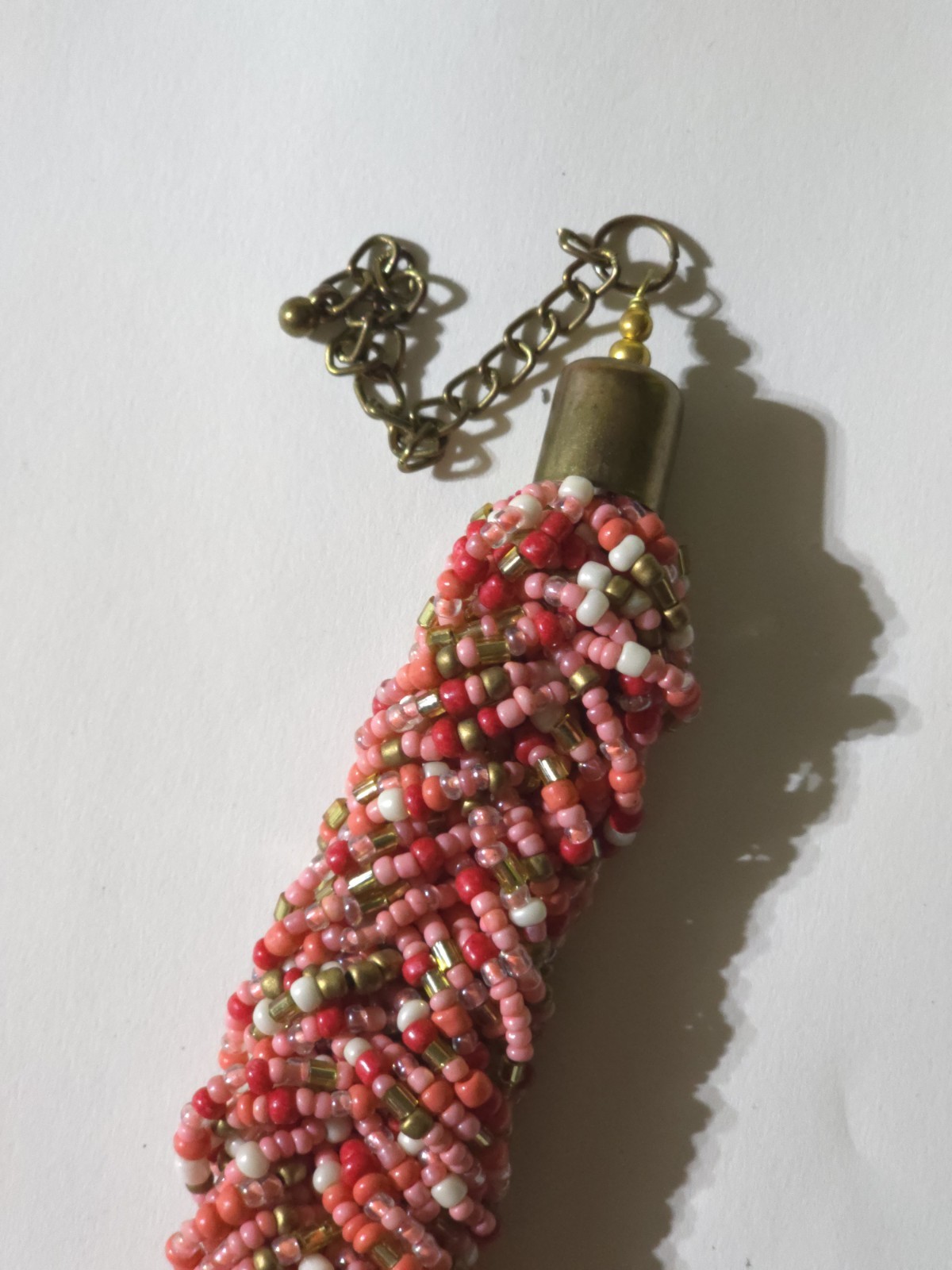 Vintage Bayadere pink white brown braided beads gold tone 21″