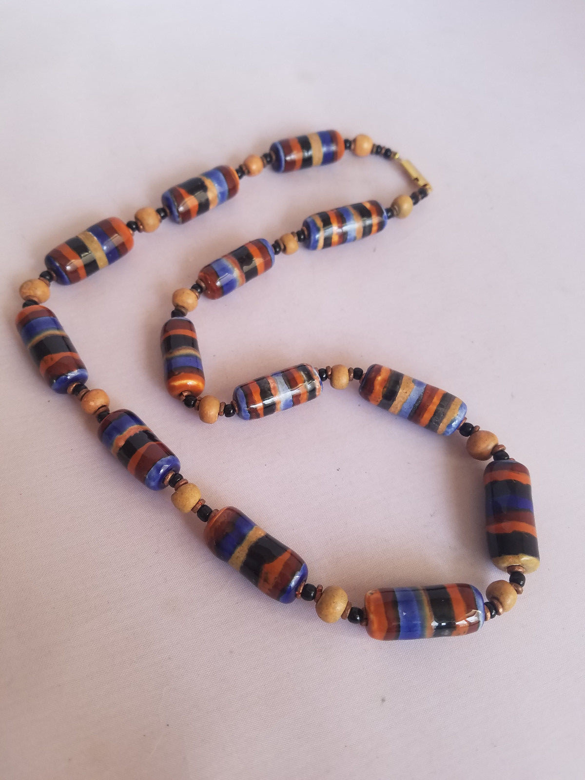 Vintage Ceramic Bead Necklace Orange Blue Brown Stripe Wood Beads Earth Tones