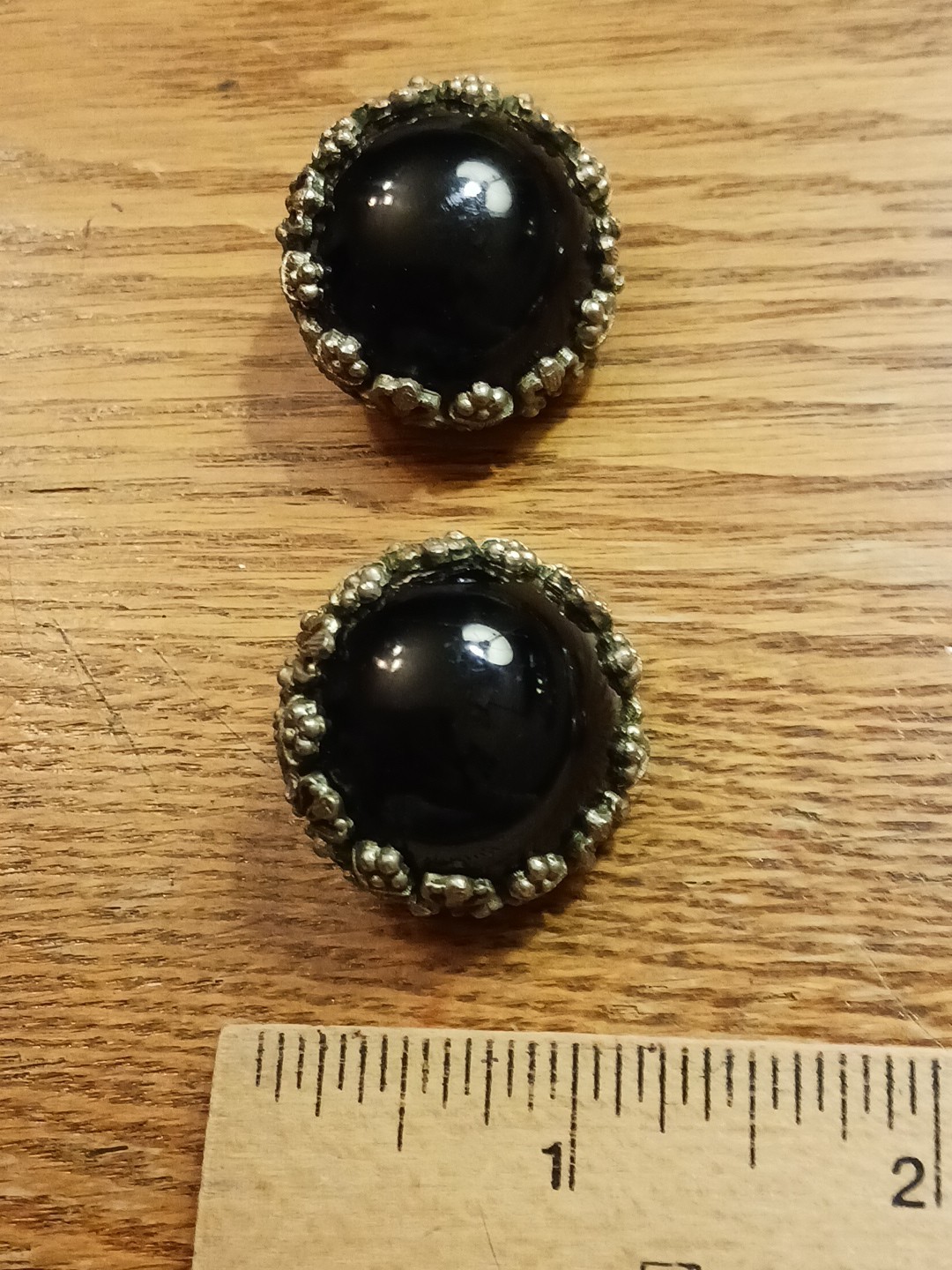 Vintage 4 Pr. Clip Back Earrings-1950s, 1980s. Round. Black, Green, Blue, White