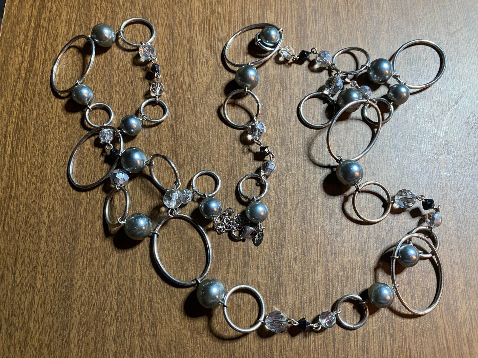 Lia Sophia Silver Tone Lucite & Crystal Acrylic Faux Black Pearl Necklace 46+”