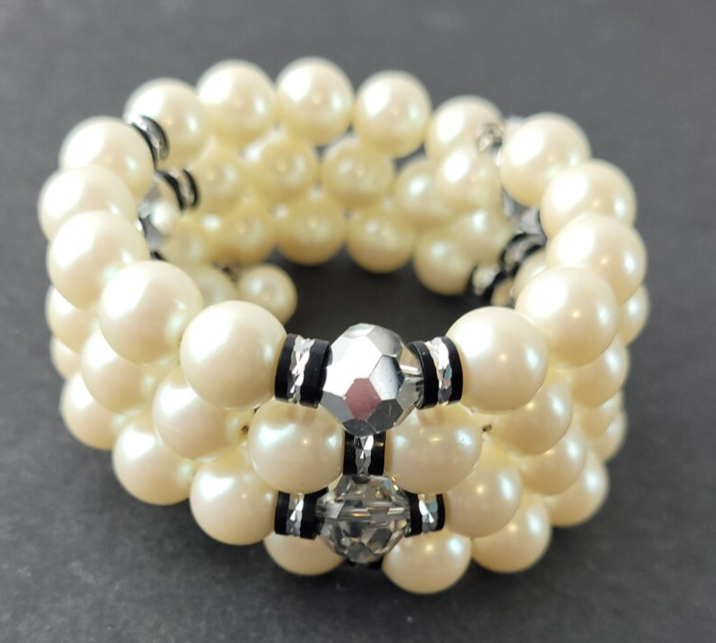 Vintage Faux Pearl Wrap Bracelet Multi Strand Black Silver Tone Beads