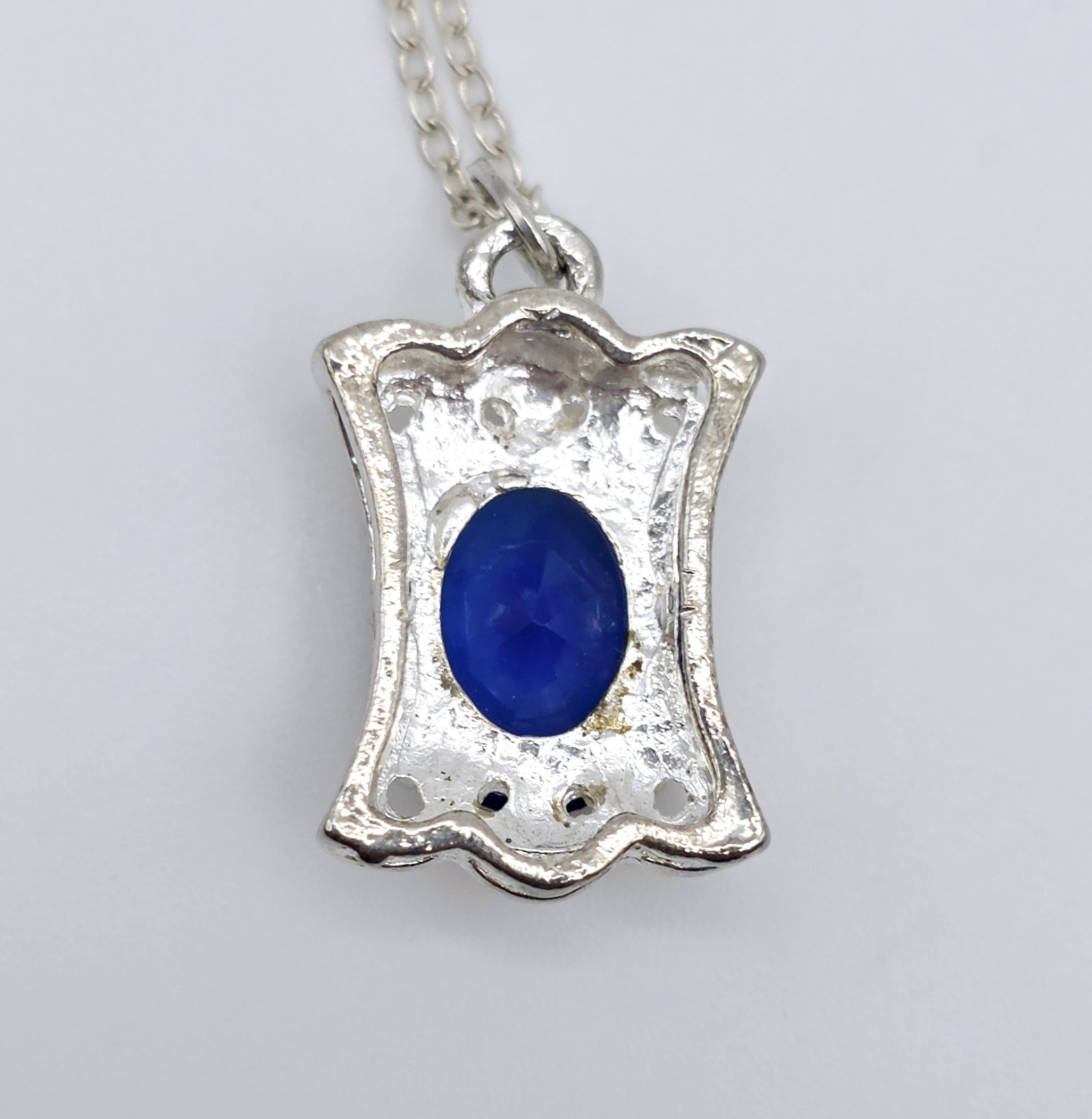 Vintage Blue Glass Pendant Necklace Art Deco Style Silver Tone Filigree
