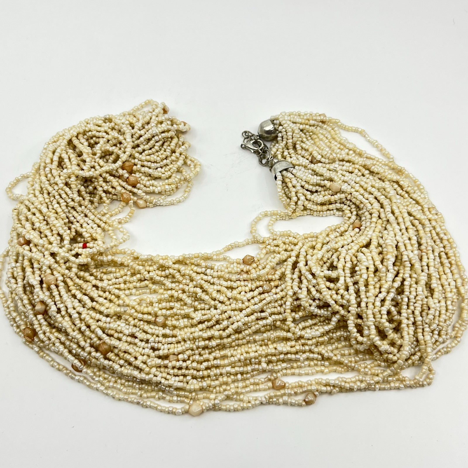 Vintage Multi-Strand Cream Seed Bead Statement Necklace Classic Style Lobster
