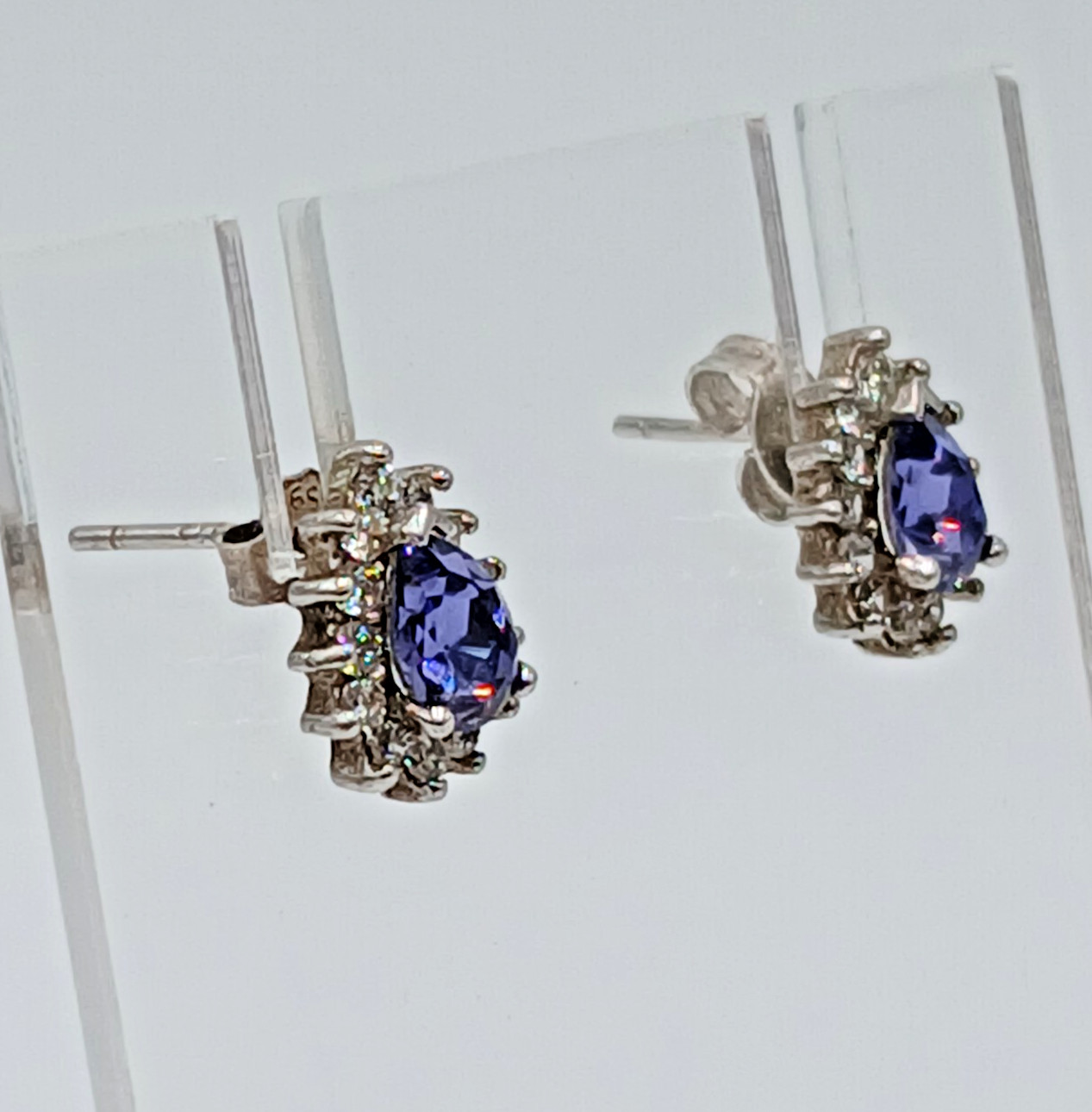 VTG 925 Purple Blue Pear Cut Crystal Stud Earrings Sterling Silver 1g Halo CZ S