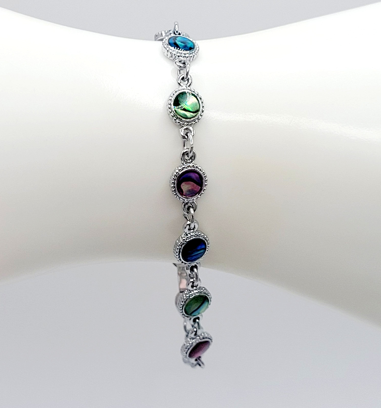 Signed SJ Colorful Paua Abalone Shell Silver Tone Link Vintage Bracelet 7.25 in