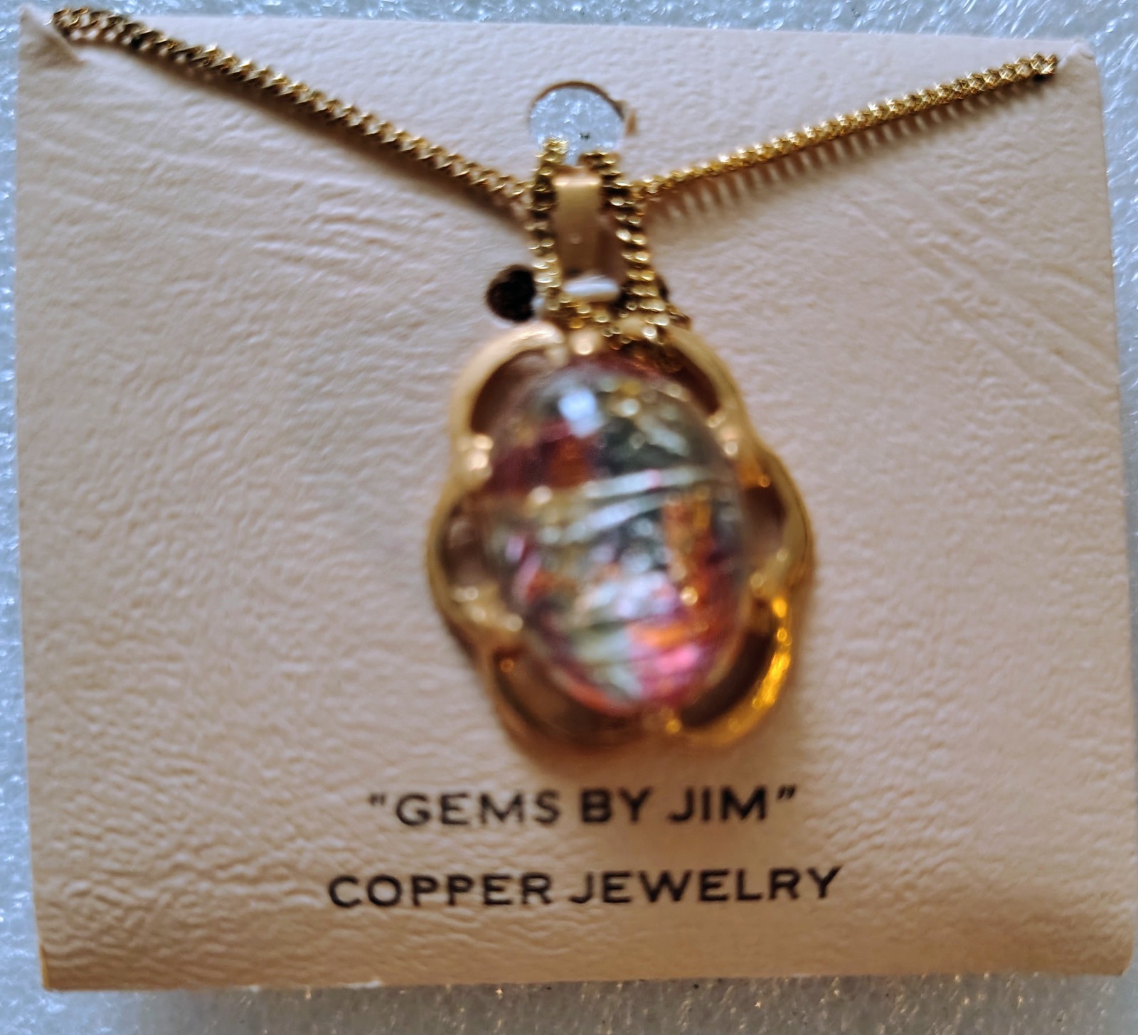 Vtg. Copper Necklace Pendant Gems by Jim 18″ chain dichroic jewelry NEW on card