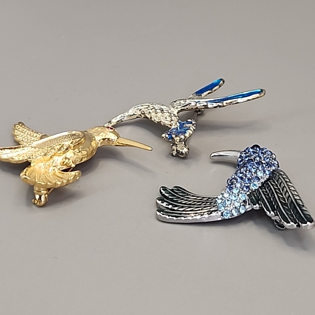 Hummingbird Brooch Lot of 3 Blue Rhinestones Enamel 1.5-2″