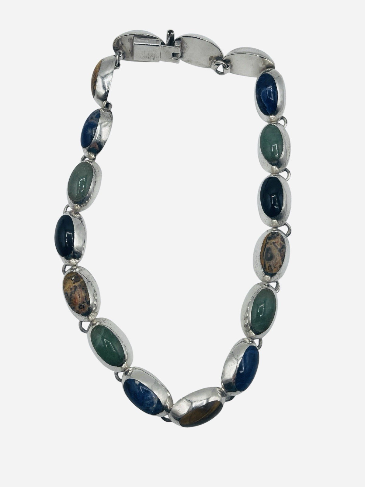 VTG Sterling Silver 925 TZ-17 Taxco Oval Multi Gem Stone Chunky Necklace Mexico