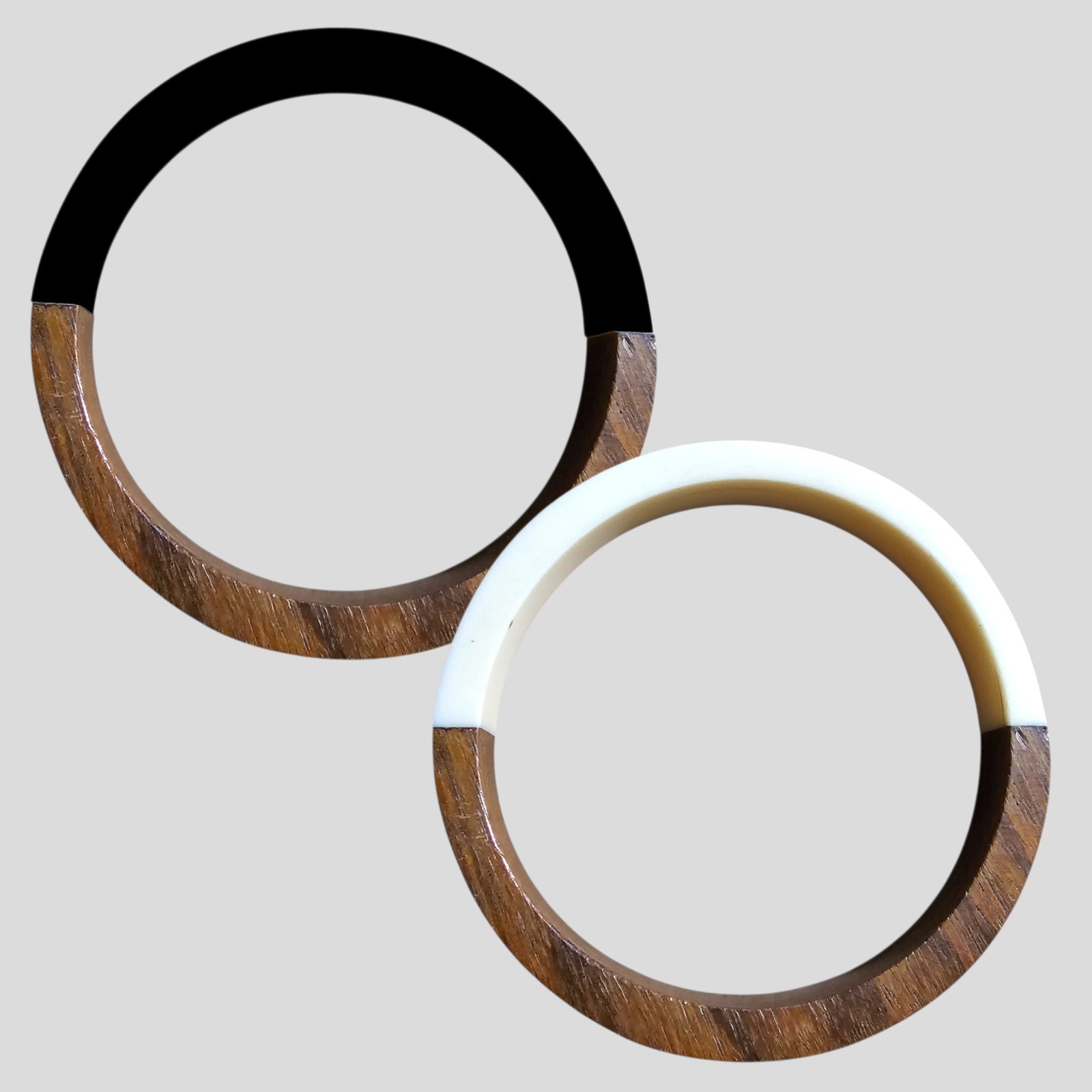 2 Mid Century Bangles Cuff Wood and Lucite White Black 1960s Bracelet Modernist