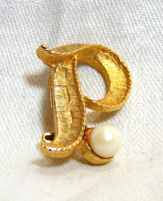 Vintage Textured Gold Toned Initial Letter P Pin Faux Pearl 15-l