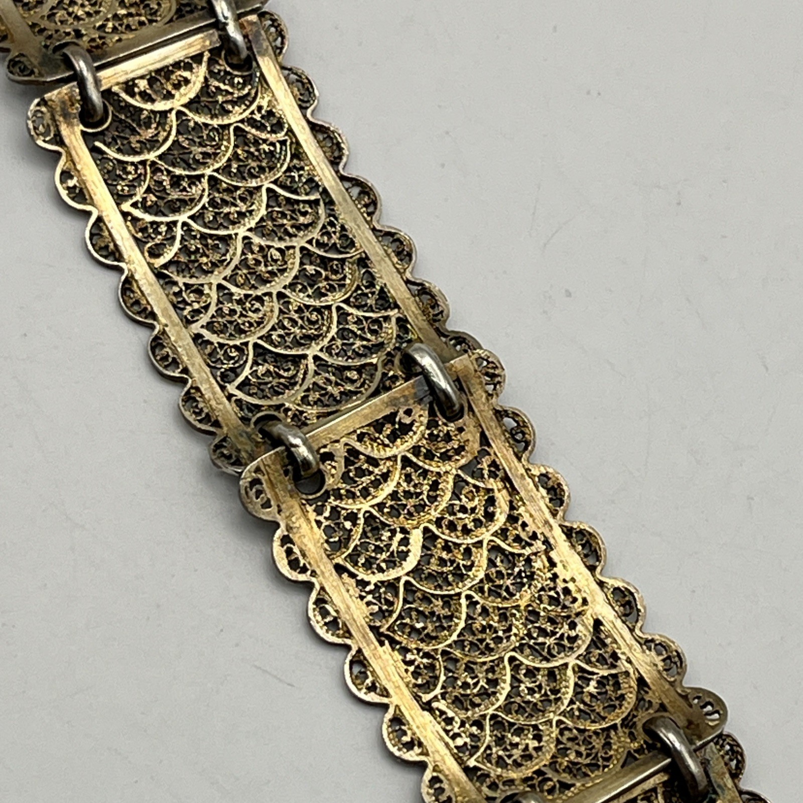 Vintage Sterling Silver Vermeil Filigree Panel Bracelet 19.2g Gold Wash 7″