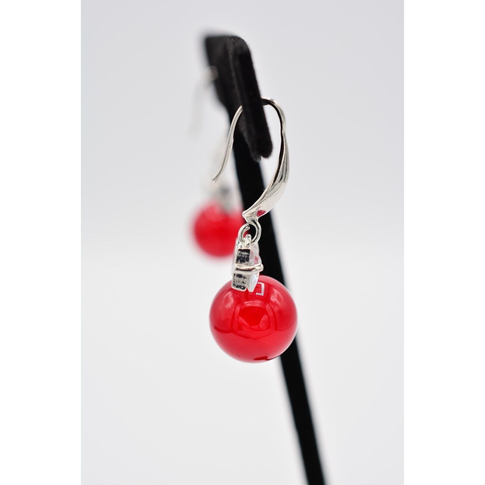 Vintage Dangle Earrings Crystal Bezel Bow Red Ball Drop Round 1990s BinAO