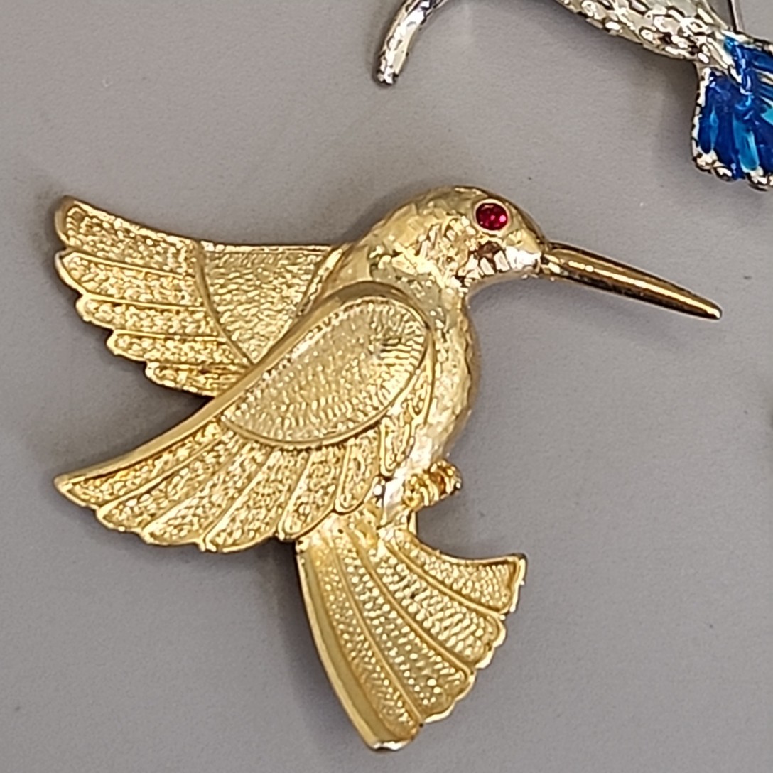 Hummingbird Brooch Lot of 3 Blue Rhinestones Enamel 1.5-2″