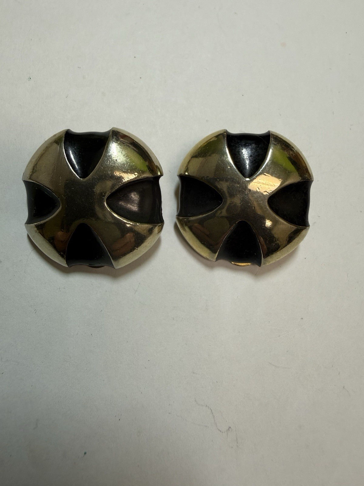 Vintage Punk Gay Boyer Maltese Cross Gold Tone Black Enamel Clip-On Earrings