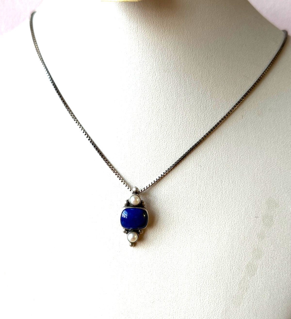 VINTAGE JGD JANICE GIRARDI LAPIS PEARL PENDANT CHAIN NECKLACE 925 STERLING SLVER