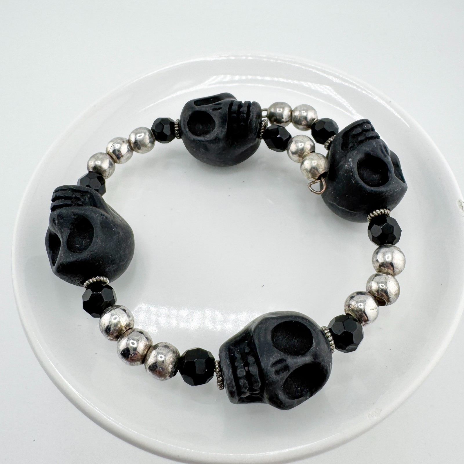 Black Skull & Silver Tone Beaded Stretchy Bracelet Gothic Edgy Rocker Punk Retro
