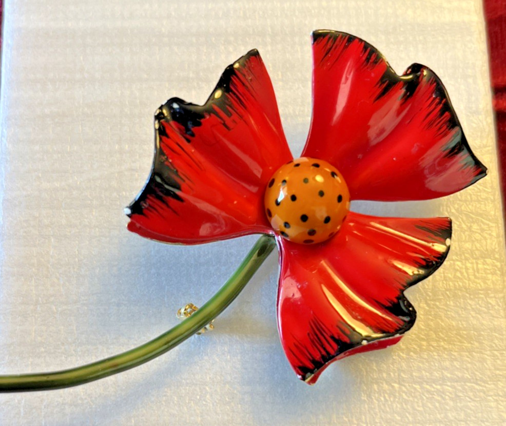 Vintage Original by Robert Enamel Red Flower Brooch Pin Signed Designer 1960’s